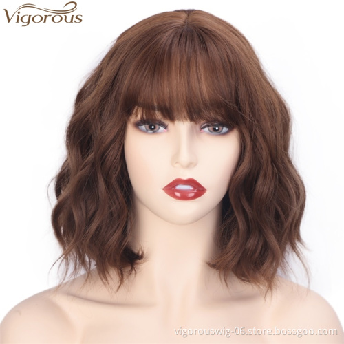 Vigorous 14 Inches Short Wavy Synthetic Bob Wigs With Bangs Light Auburn Color Natural Looking Heat Resistant Fiber Cosplay Wig
